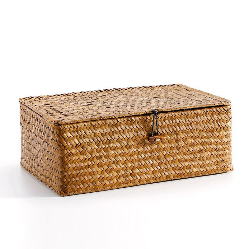 Cesta de almacenamiento tejida con tapa, cestas de almacenamiento de algas marinas para el hogar, cajas de juguetes para artículos diversos a prueba de polvo, organizador, decoración del hogar: XXL / Negro