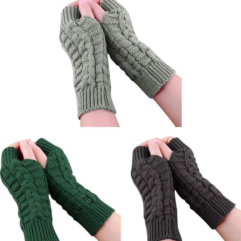 Winter Frauen Einfarbig Wolle Kabel Finger Handschuhe Dicke Warme Weiche Gestrickte Wolle Arm Daumen-See Finger Fäustlinge