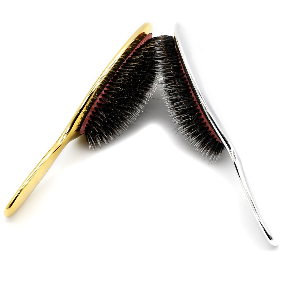 Pure Varkenshaar Paddle Borstel Antistatische Salon Ovale Haar Borstel Met Air Tas Borstels Kam In Zilver en Goud