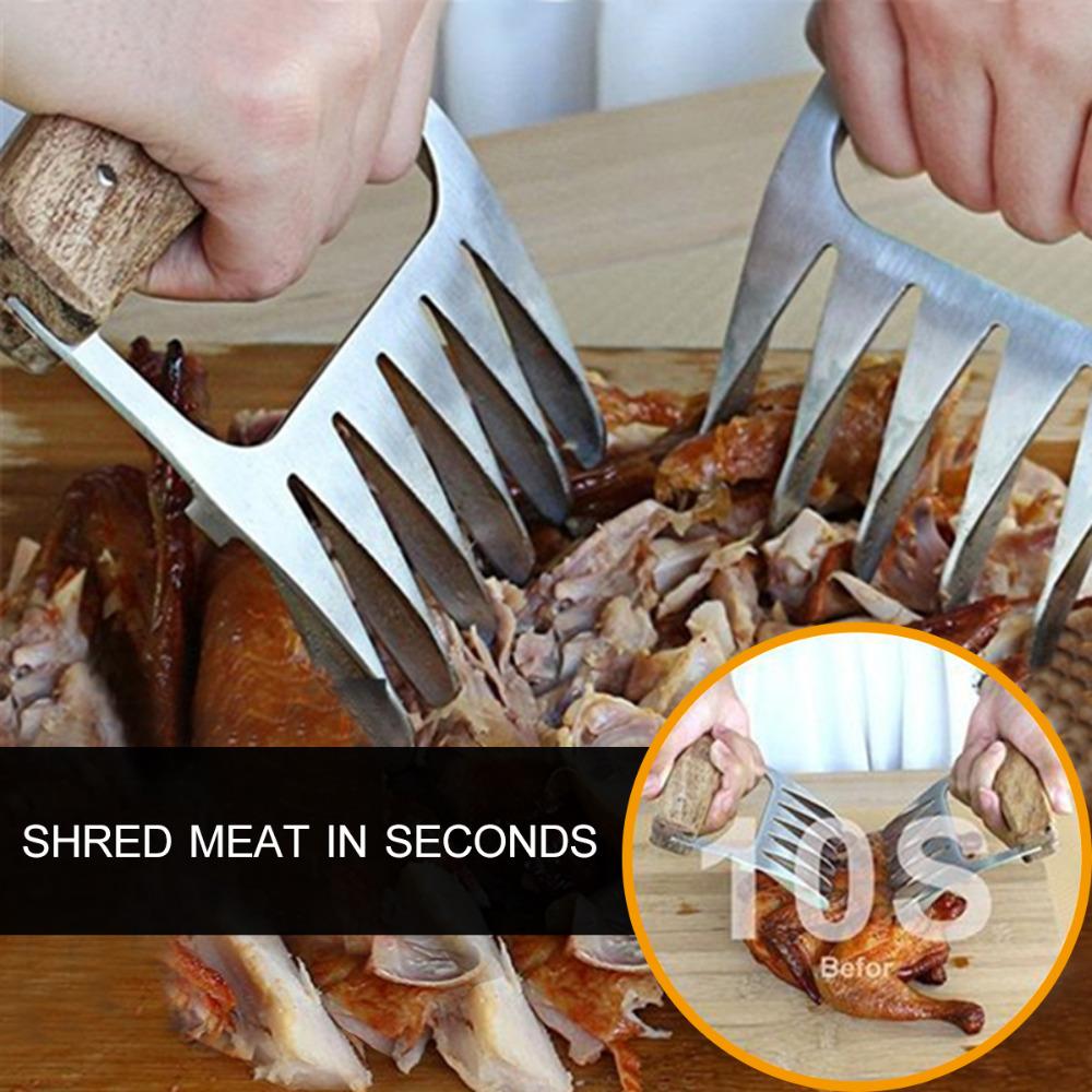 2 pçs punho de madeira aço inoxidável urso garras carne churrasco garfo pinças puxar carne shred torrefing garfo conjunto ferramenta para churrasco