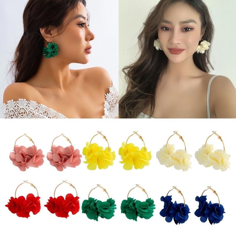 Pendientes aro pétalos, pendientes colgantes flores tela, pendientes gota pendientes circulares con