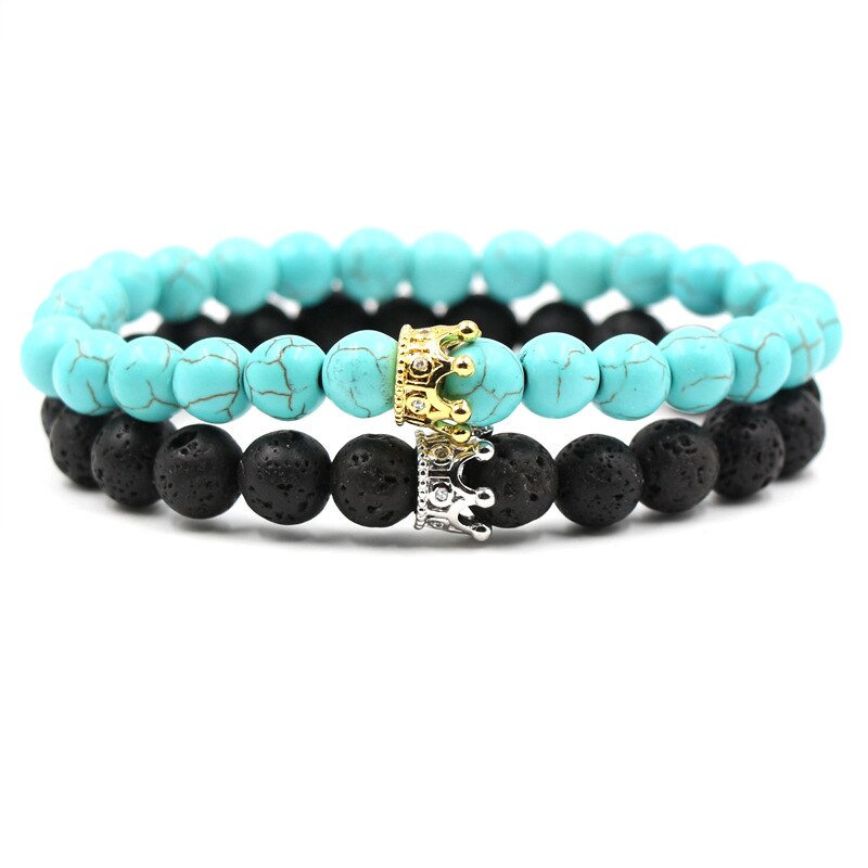 8mm 2 stk/sæt par mikro indsat zirkon krone armbånd klassisk natursten elastisk kvinder charm perler armbånd til mænd smykker: Farve 3
