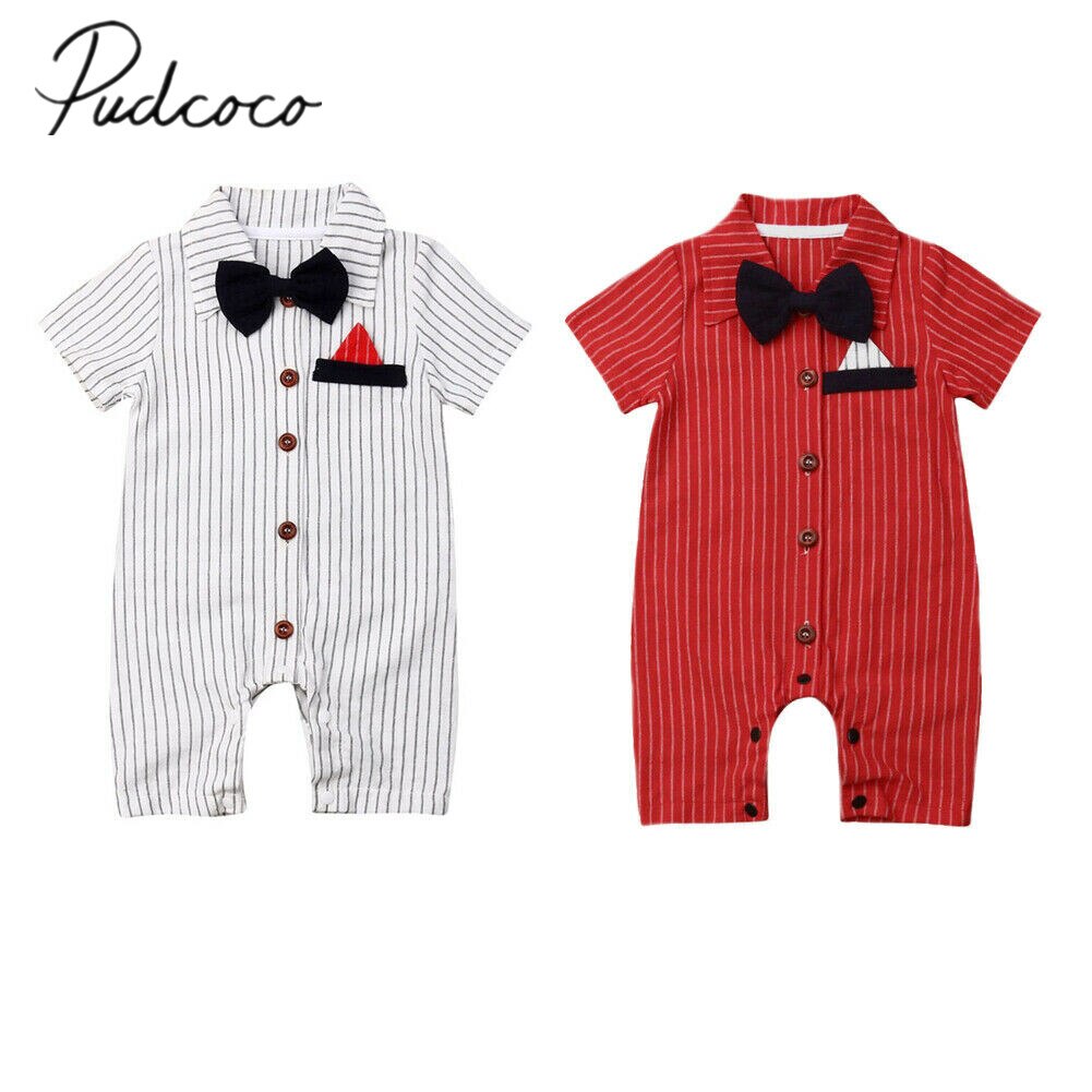 baby sommer klær spedbarn baby gutt formell fest bryllup sløyfe romper herre kortermet jumpsuit stripete klær