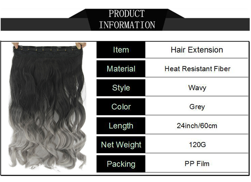 Gres Women 24inch Long 5 Clip-in Hair Pieces Wavy Grey Ombre Synthetic Hair Extensions High Temperature Fiber Smoky Gray Color