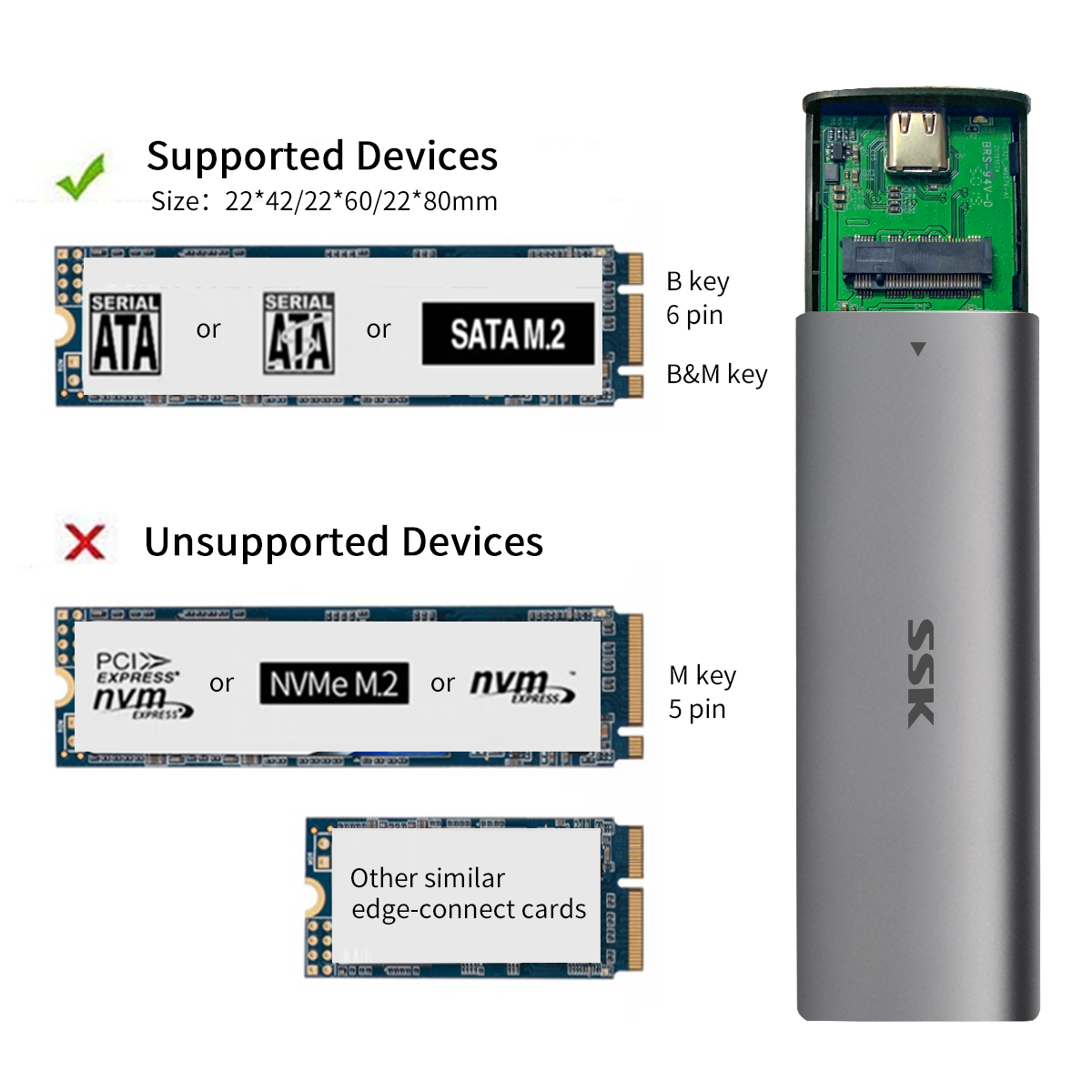 SSK – disque dur SSD en aluminium M.2 NGFF, sans outil, Portable USB 3.1 Gen 2(6Gbps) type-c, Support UASP