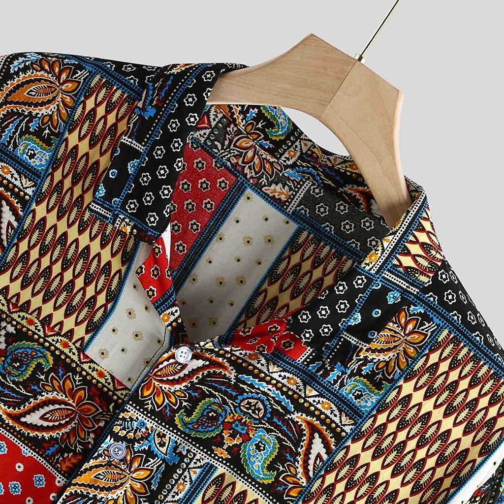 KLV man blouses Cotton tunic Mens Vintage Ethnic Style Printing Loose Short Sleeve Stand Collar Casual Shirt