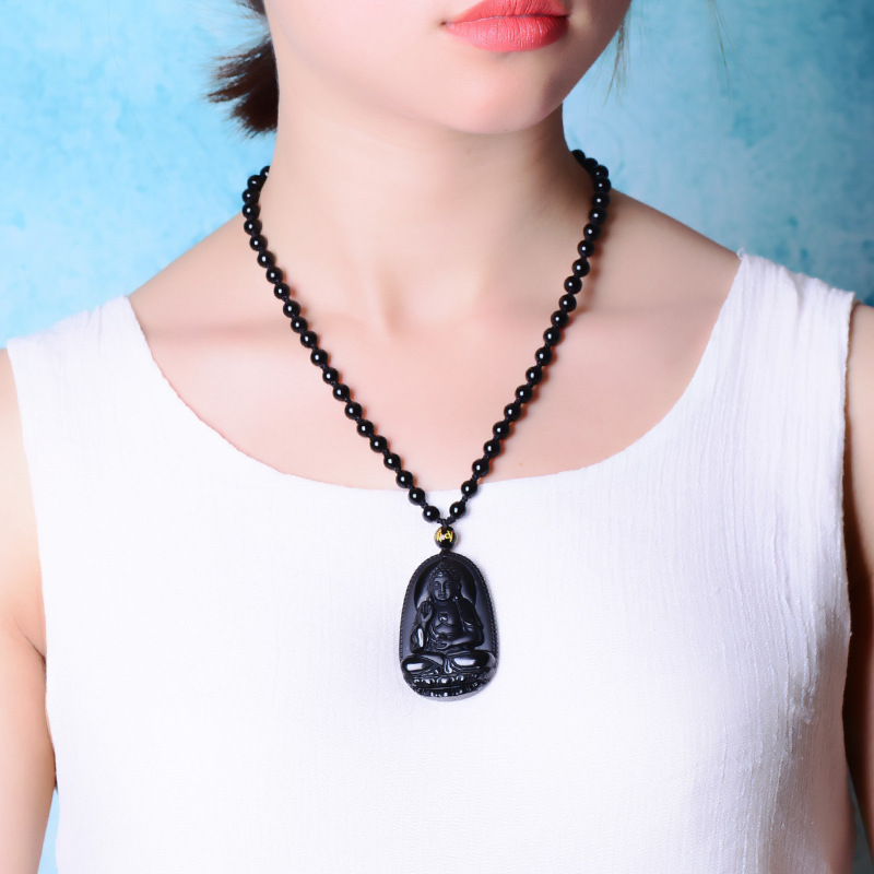 Natursten sort obsidian udskåret buddha heldig amulet vedhæng halskæde fine smykker til kvinder mænd sweater kæde vedhæng