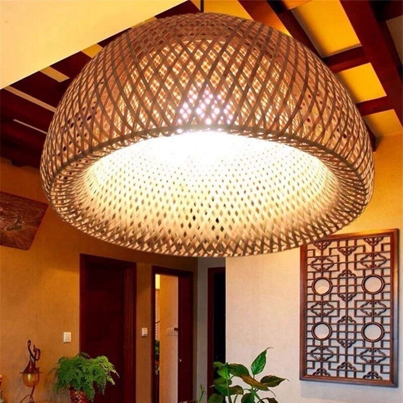 Bamboo Wicker Rattan Lampshade Hand-Woven Double Layer Bamboo Dome Lampshade Asian Rustic