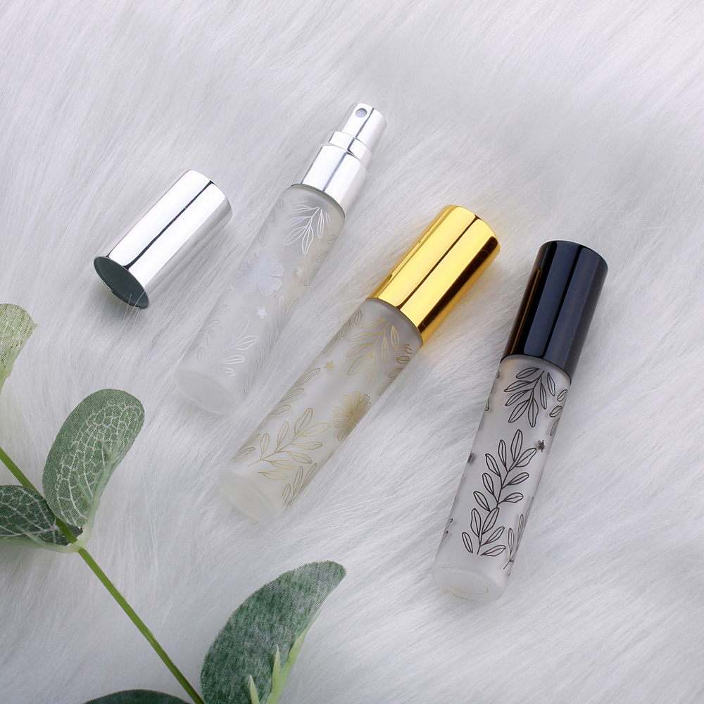 100 Stks/partij 10Ml Blad Patroon Frosted Parfum Fles Glas Verstuiver Aluminium Cap Spray Reizen Flessen