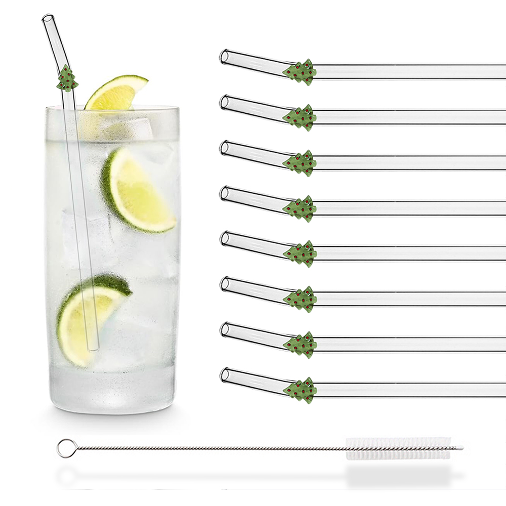 8 szt. Świąteczne Szklane Słomki robić Mleka, Herbaty, Soków, Koktajli z Szczoteczką, Zestaw Szklanych Słomek z Wysokiej Jakości Szkła Borokrzemowego, Akcesoria Kuchenne i Barowe: czarny