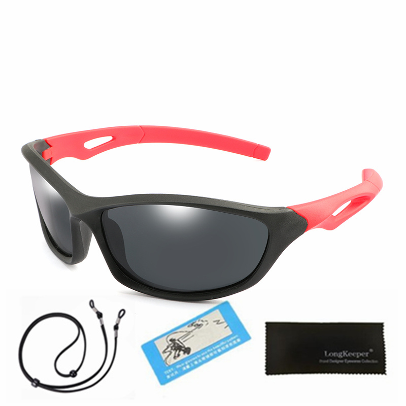 Sport Zonnebril Kids Gepolariseerde Kind Zonnebril Meisje Jongen Outdoor Spiegel Lenzenvloeistof Flexibele Bril UV400 Ciclismo Met Touw: Black Red Grey