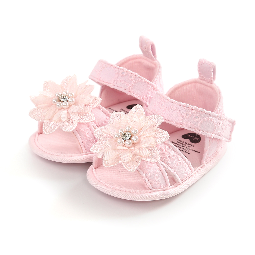 Sommer nyfødte baby pige sandaler blomster perle strand lejligheder spædbarn barn piger sko: Lyserød / 0-6 måneder