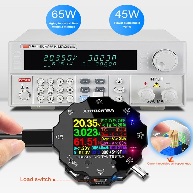 Farve app batteri tester elektronisk belastning 18650 kapacitet monitor indikator afladning opladning usb meter  dc 12v strømforsyning checker