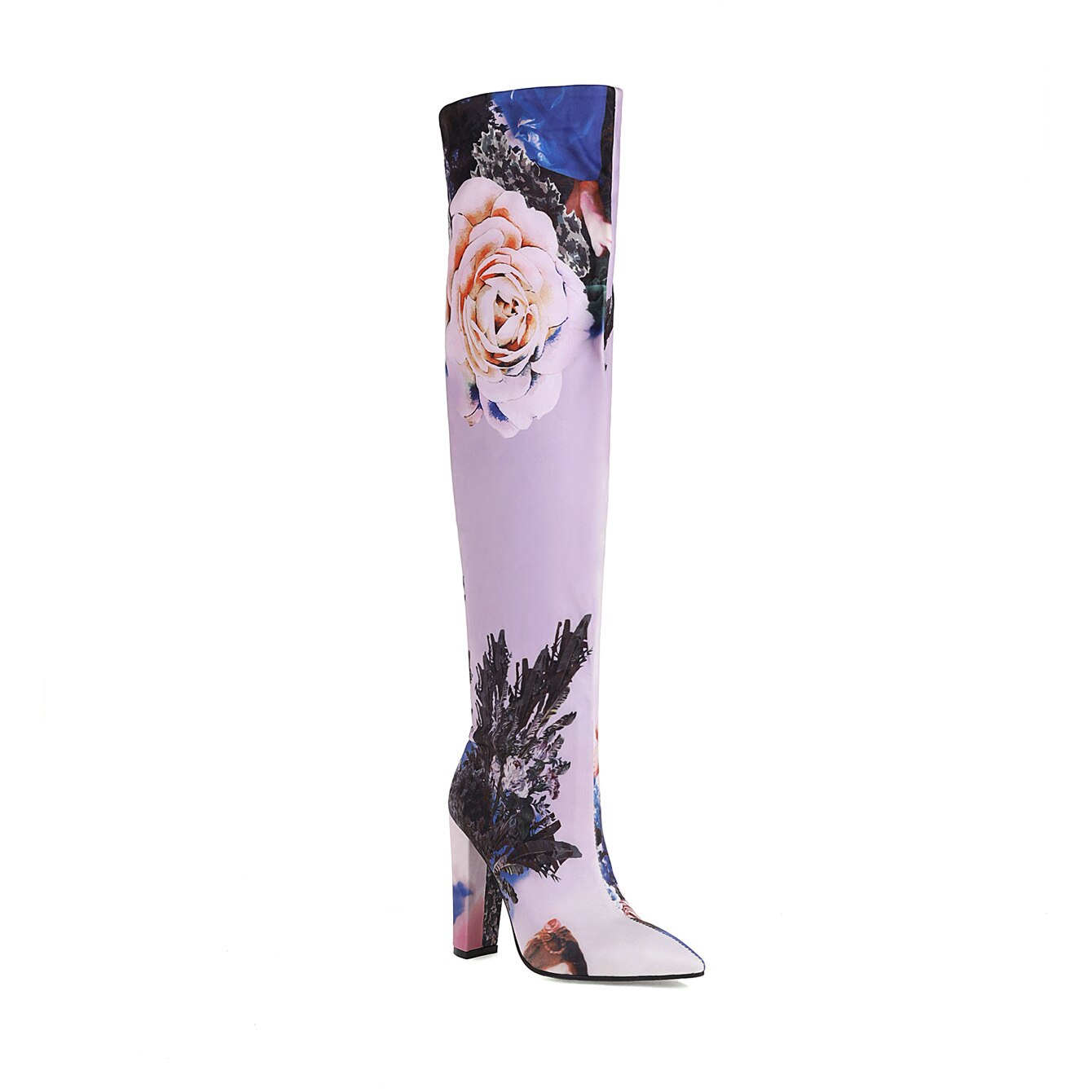 Botas por encima de la rodilla con tacón grueso y estampado, botines con estampado de Graffiti, estampado de flores, Camuflaje, patrón étnico: Morado / 37