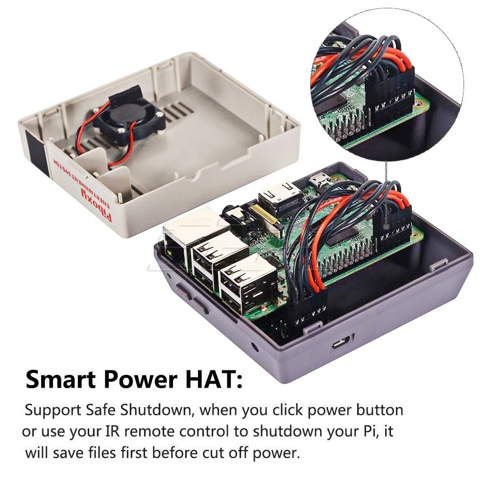 52pi capinha de refrigeração, modelo piboxy nes nespi com ir controle remoto funcional com botão de obturação para raspberry pi 3b +/3b