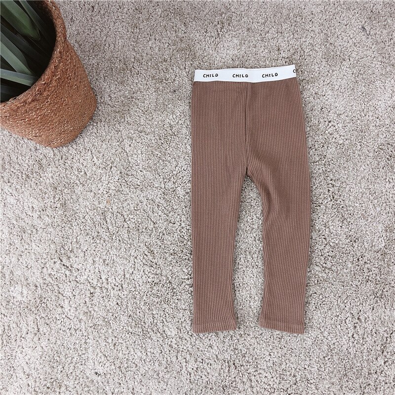Lente jongens en meisjes snoepkleurige elastische taille gebreide broek kinderleggings broek met letter taille broek: Bruin / 4t