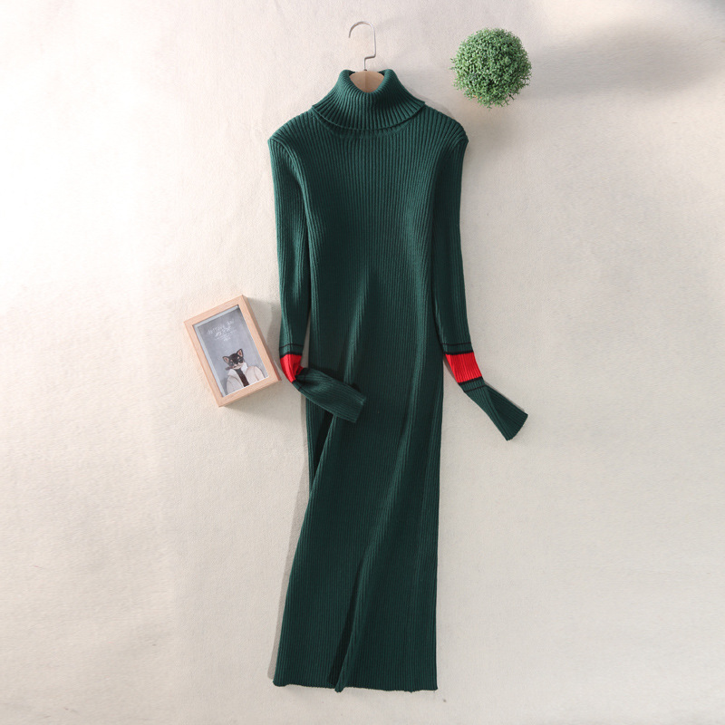 Autumn-Winter Women's Knitted Dress Fashionable sexy long dress with long sleeves and high collar: Green