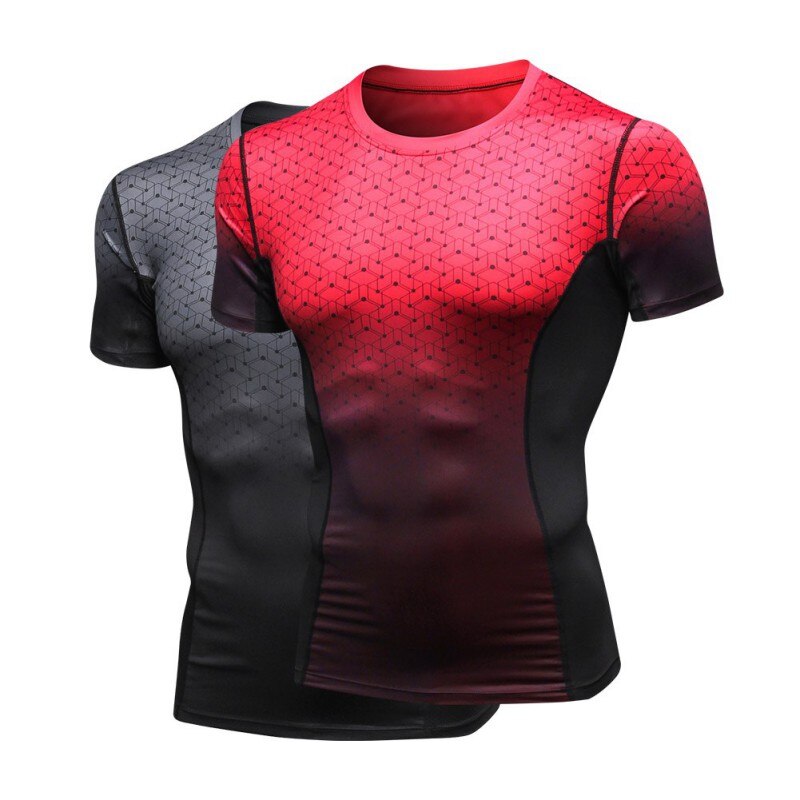 Mannen PRO Fitness Korte Mouw Print Gradiënt Sport Running High Velocity Droog Drogen T-Shirt Strakke Mouw