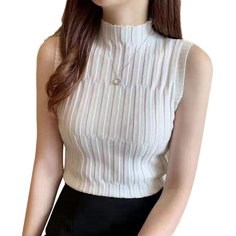 T-shirt col roulé sans manches pour femme, haut moulant en tricot, de , collection été automne: WT
