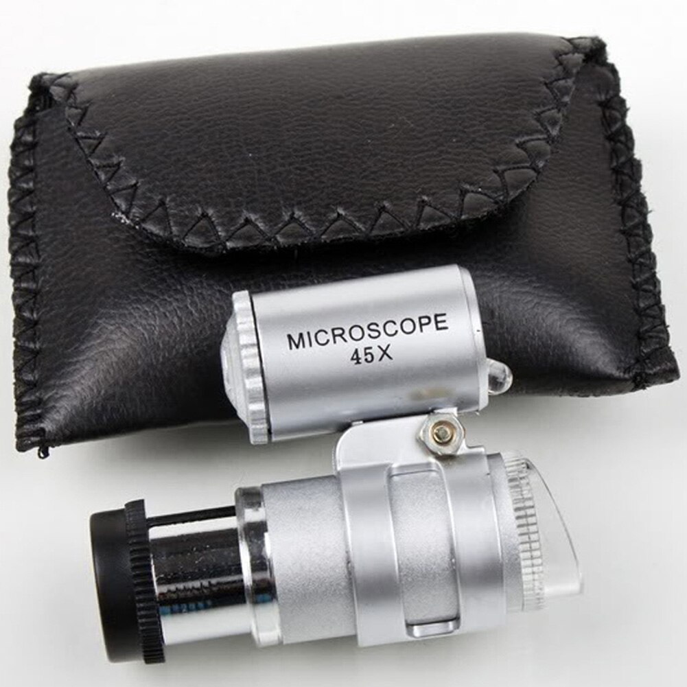 Portable Mini 45X 2LED Pocket Microscope Magnifier with Black case Jeweler Loupes Glass Lens with PVC leather pouch