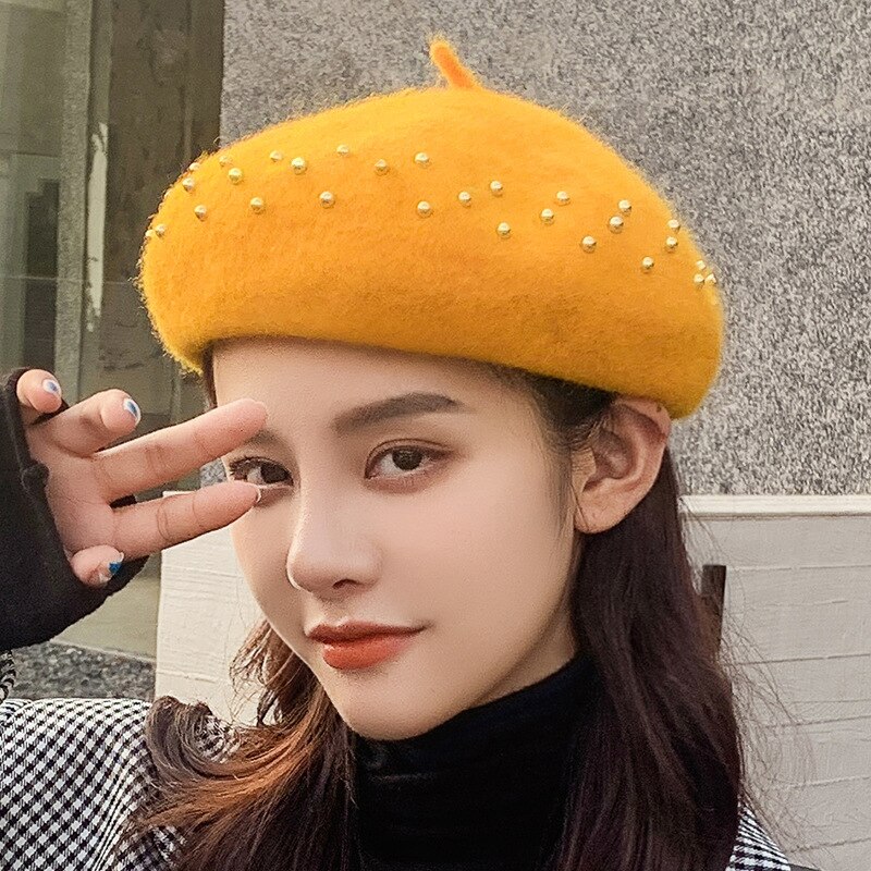 Femmes bérets métal clou perceuse laine couleur unie chapeaux femme Bonnet casquettes dames automne hiver marche chapeau Casquette: YELLOW