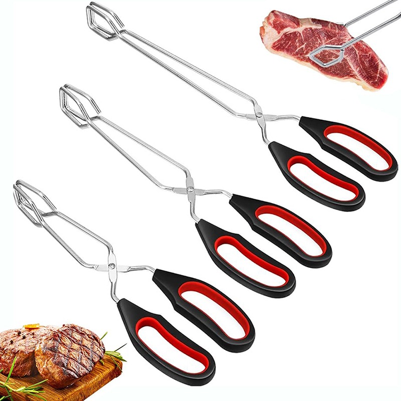 3 Größen Grill-Scherenzange, rutschfest, für gegrillte Lebensmittel, Brotzange, Metall, Grill-Backclip mit langem Griff, Küchen- und Kochzubehör