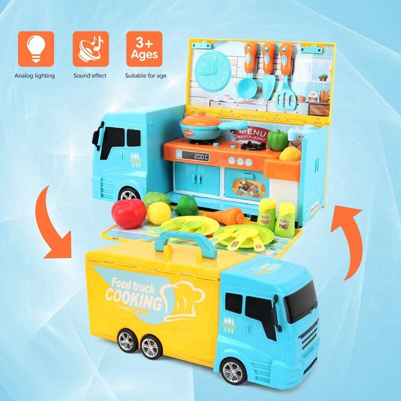 Camión de cocina para niños 2 en 1, camión de cocina para alimentos de juguete con luces de cocina y sonidos, juego de 33 Uds.