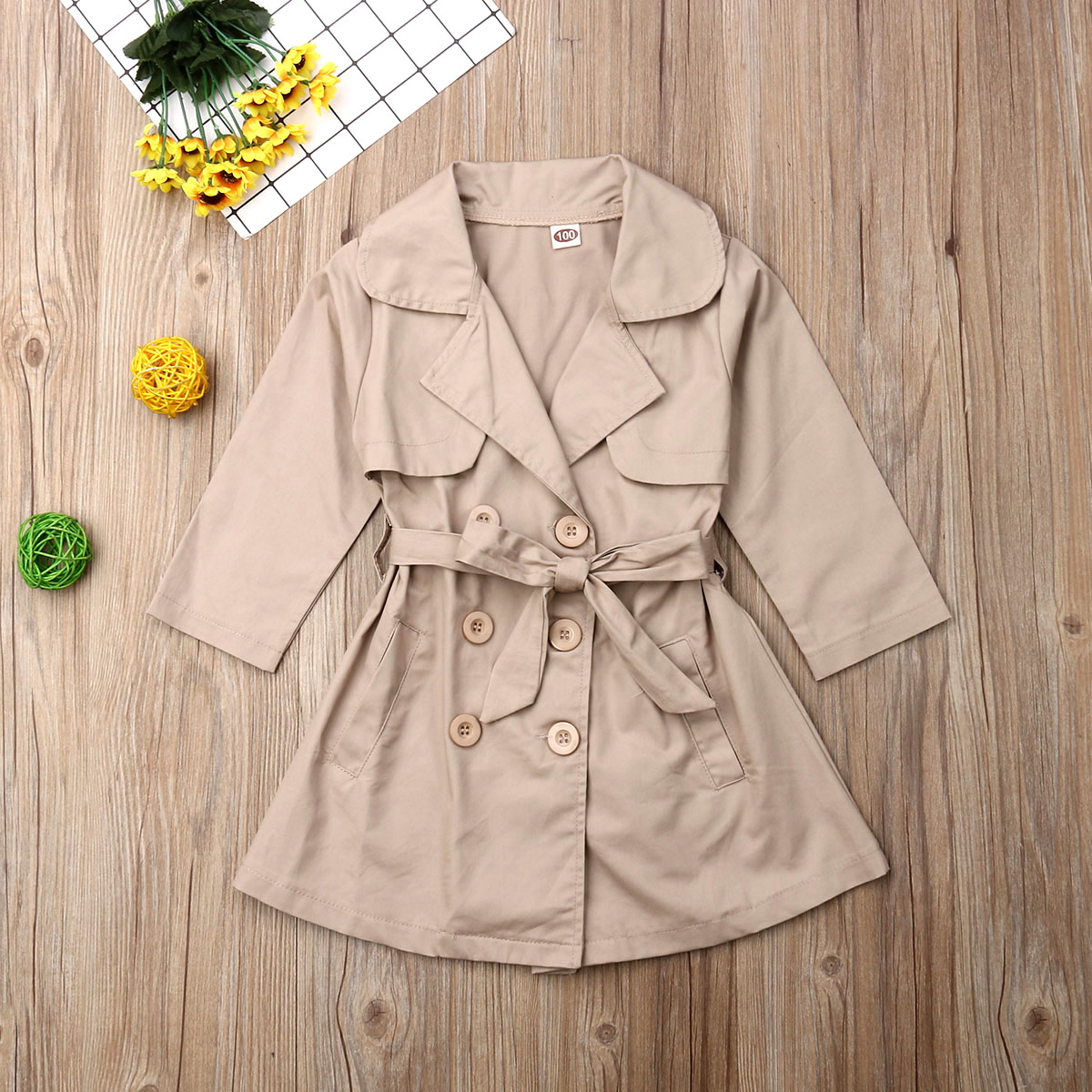 Girls Long Trench Coat Double Breasted Quilted Button Up Kids Autumn Jackets: Beige / 5T