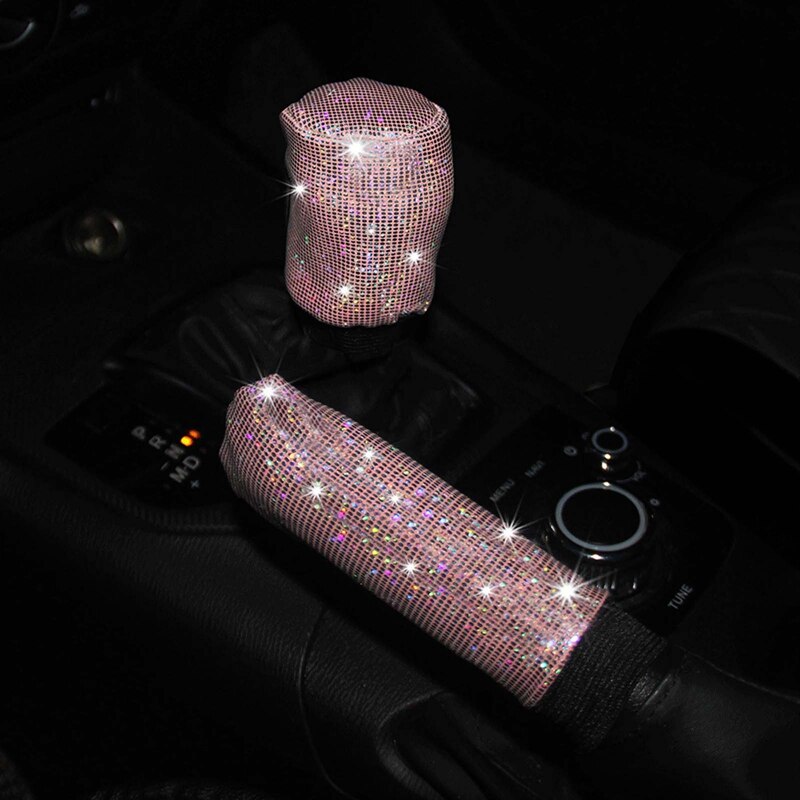 1 set diamant kristall bil växelkrage lock glitter strass auto shifter handbroms dekorationer interiörtillbehör: Rosa