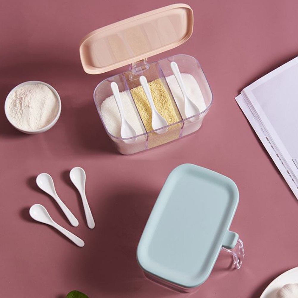 Transparent Organizer 3 Compartment Cooking Condiment Seasoning Box Storage Spice Jar Herb With Spoon Lid Durable Container