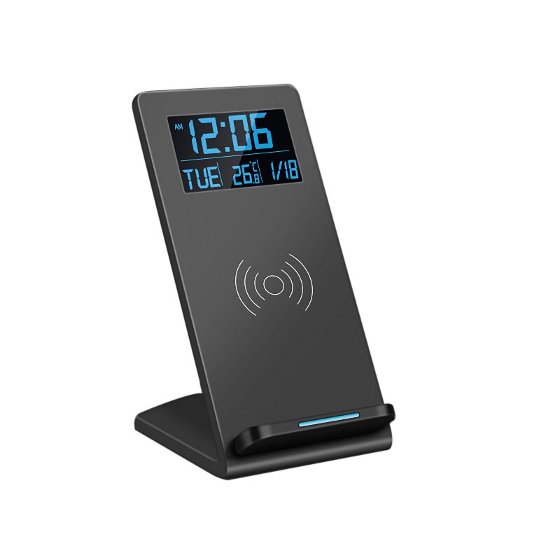 Trådløs oplader holder 10w hurtig telefon oplader stativ desktop oplader telefon holder med digitalt vækkeur til kontor soveværelse