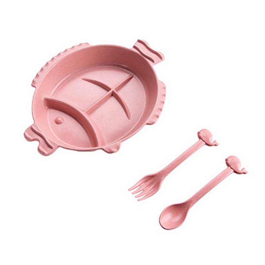3Pcs Baby Feeding Dishes Set Bowl Plate Forks Spoon Kids Dinnerware Wheat Fiber Children's Tableware BPA free Eco Friendly: Pink Fish Set