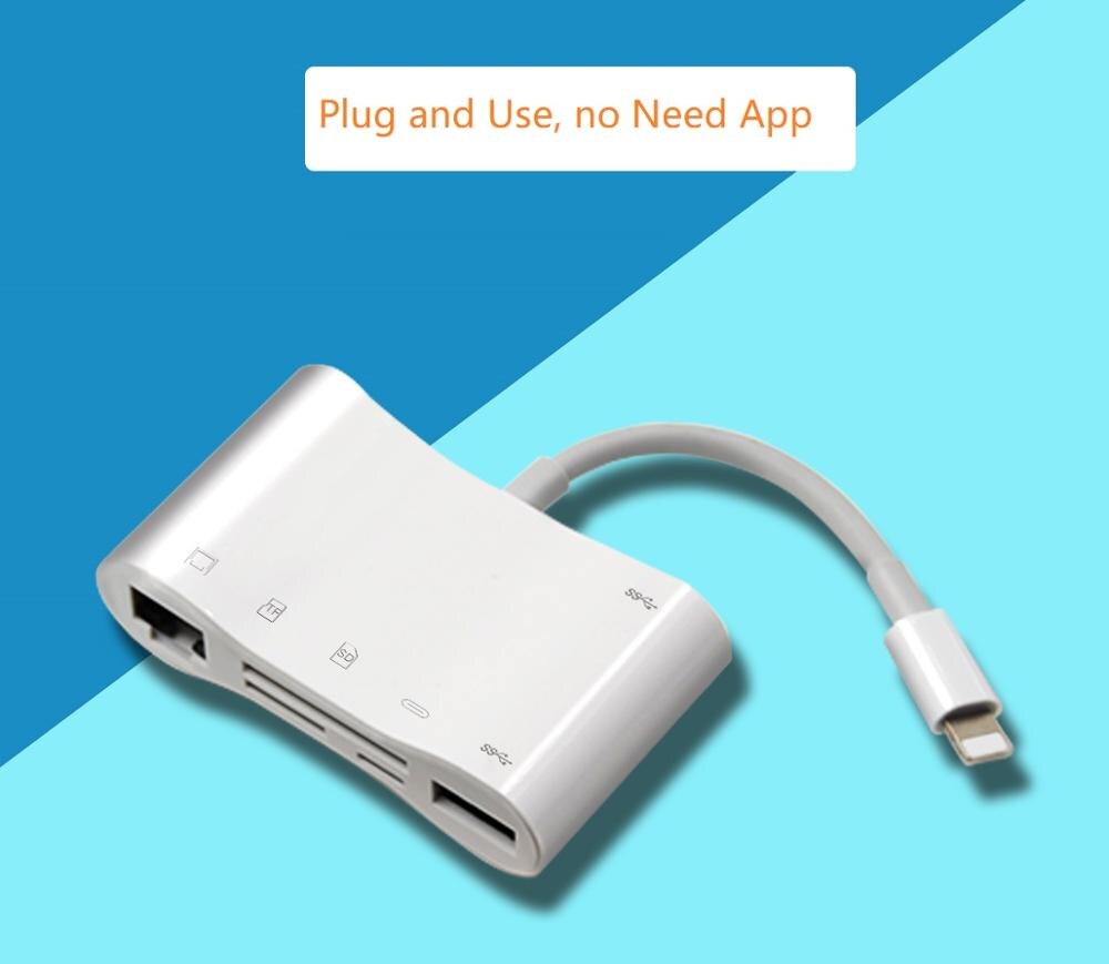 Adaptateur filaire Ethernet 5 en 1 Lightning Hub RJ45, pour iPhone11Pro/iPad, lecteur de caméra OTG TF/SD/USB, charge, 512/256/128 go, iOS13: Lightning 5in1 Hub