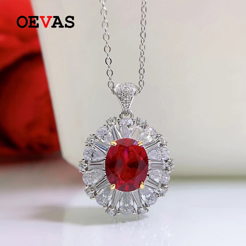 OEVAS 100% 925 Sterling Silber 9*11mm Rubin Hohe Kohlenstoff Diamant Anhänger Halskette Für Frauen funkelnd Party Feine schmuck einstellen