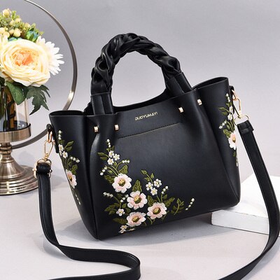 Weave handle Floral PU Leather Embroidery Women Handbags Brand Ladies Bag Shoulder White Female Handbags: black