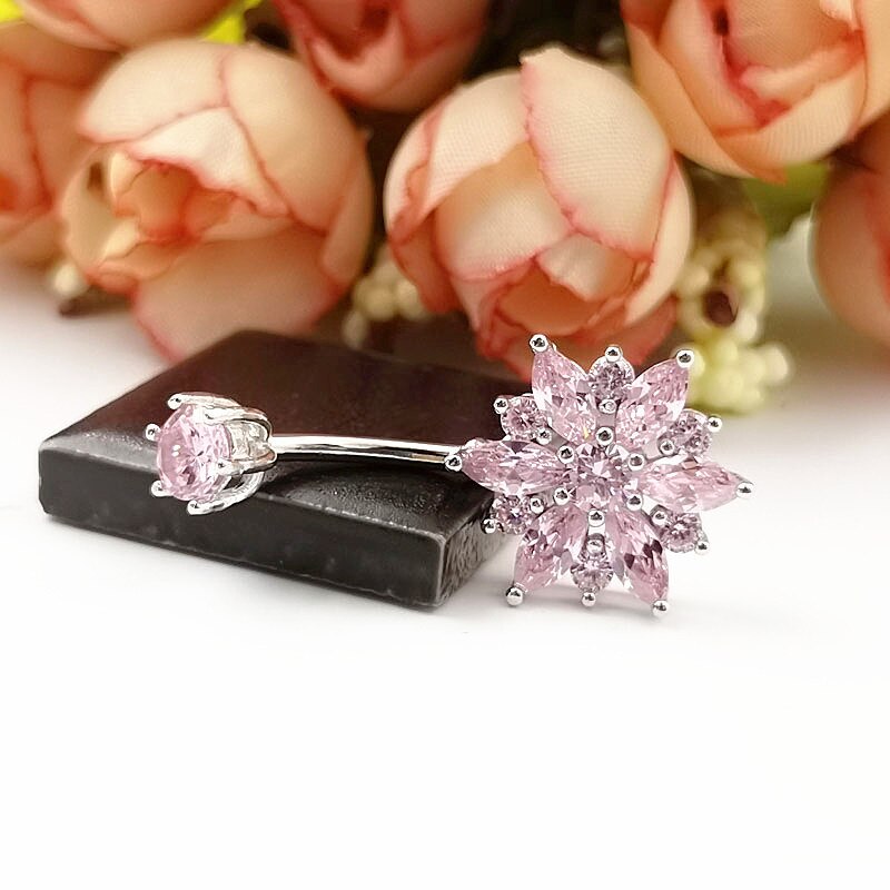 HelloLook 925 Sterling Silber Bauch durchbohren Geschmack Bar Ring Rosa Blume CZ Nabel durchbohren Schmuck Sommer Romantische