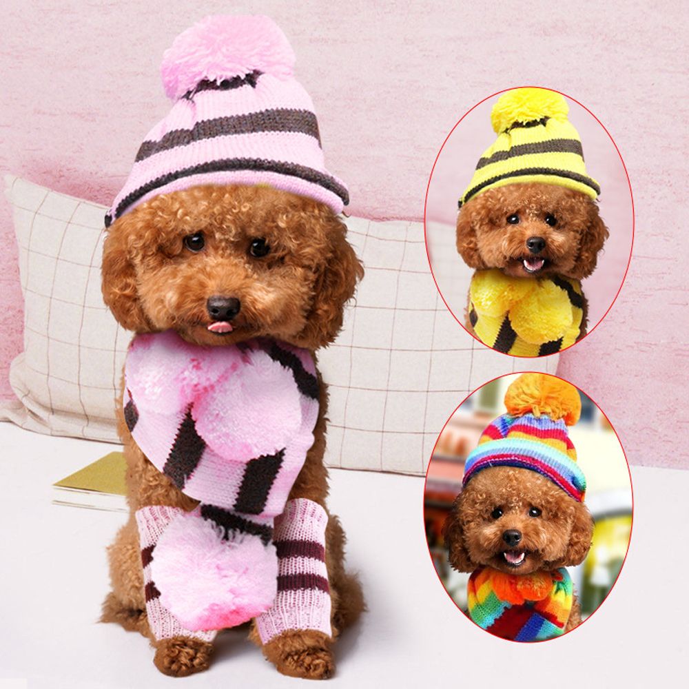 3 Stks/set Leuke Sets Pet Hond Kat Hoed Sjaal Sokken Pak Puppy Kitty Gebreide Streep Kostuum Kleding Outdoor Winter Warm huisdier Producten