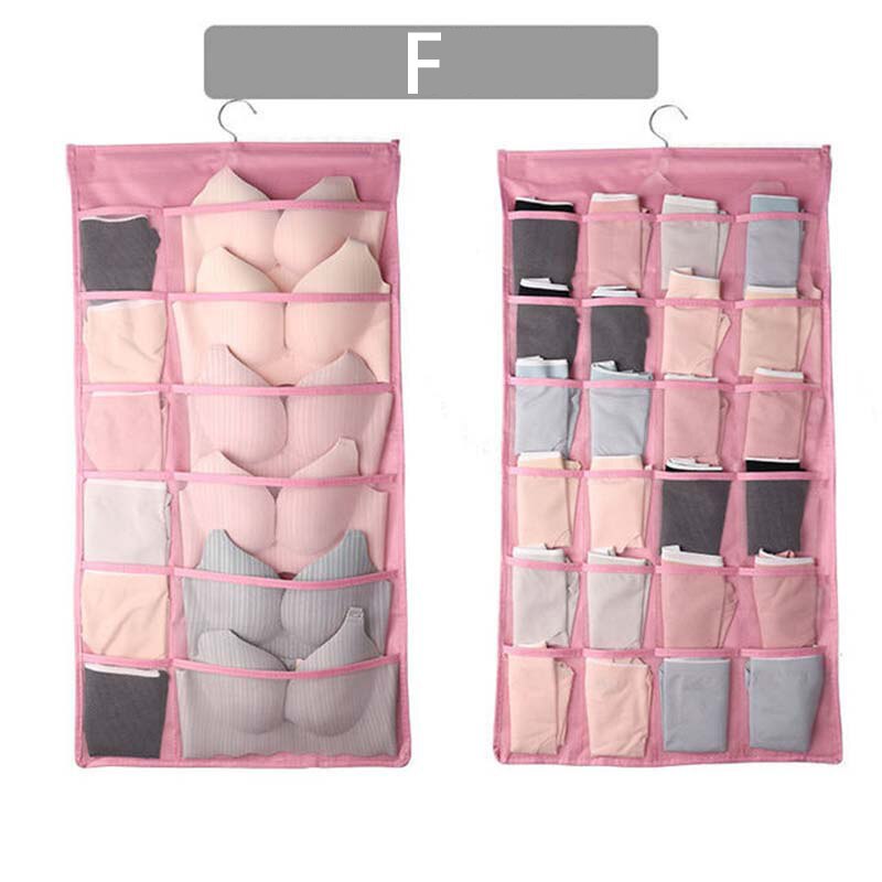 Mcao Hanging Closet Organizer Dual-Sided Wall Shelf Wardrobe Storage Bags for Underwear Bra Sock Mesh Pocket Metal Hanger TJ3624: F