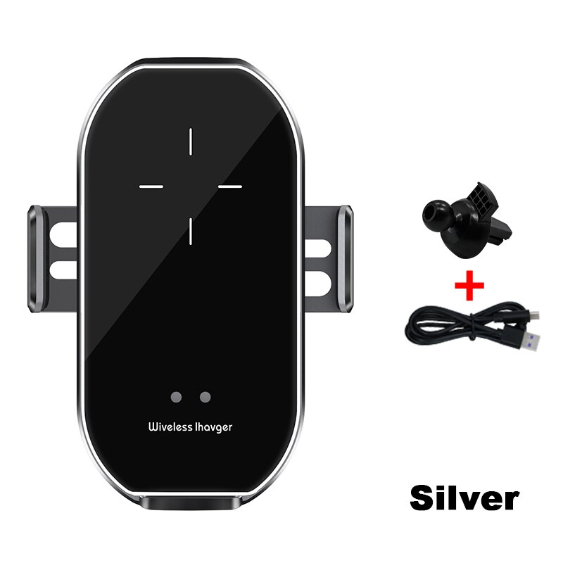 Trådløs biloplader 10w hurtigopladning til iphone 11 pro automatisk montering infrarød sensor oplader induktionstelefonholder i bil: Sølv