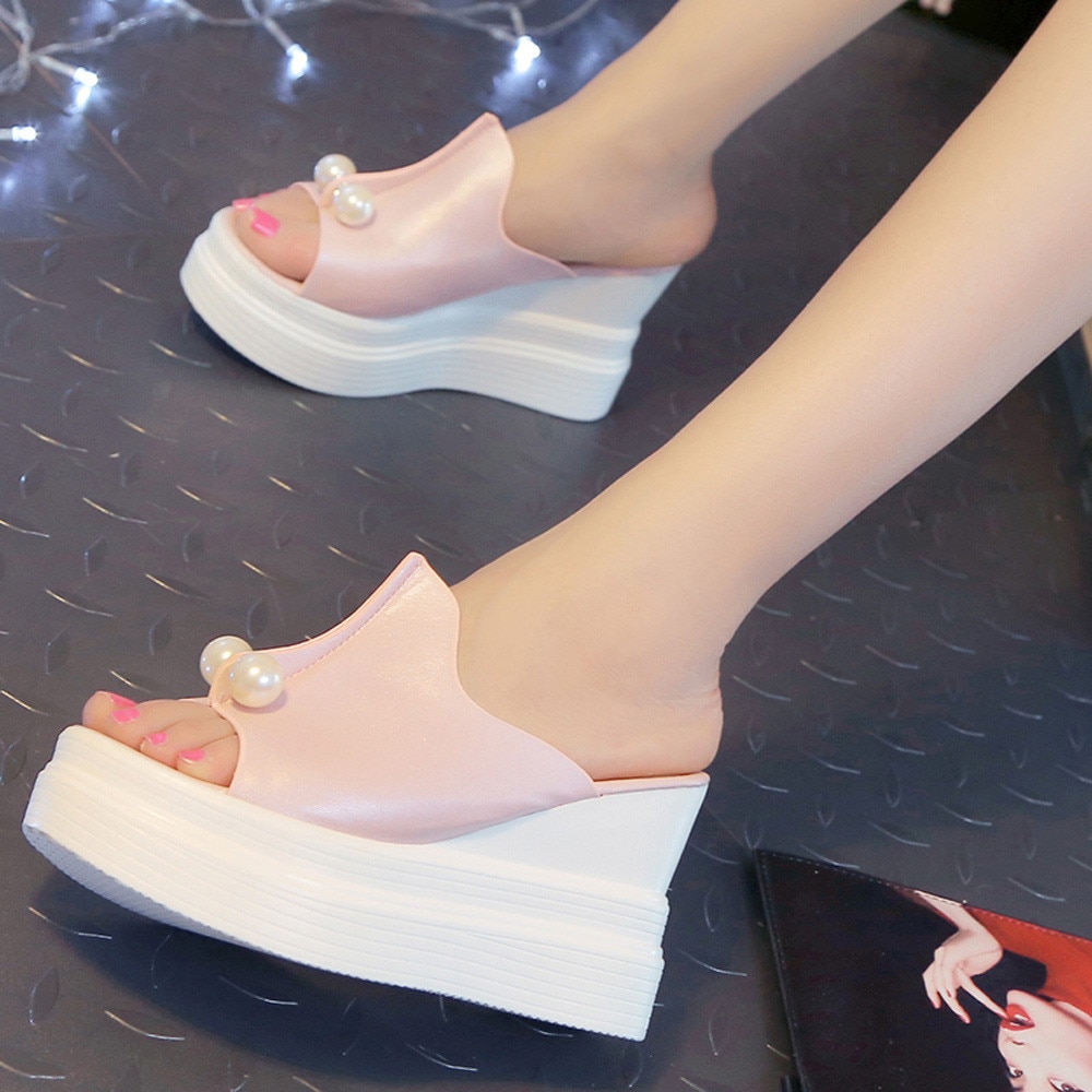 Pantoufles pour femmes, chaussures à semelle épaisse, solide perle, chaussures à enfiler à bout ouvert, bonne , collection chaussons pour femmes, collection sandales à talons compensés