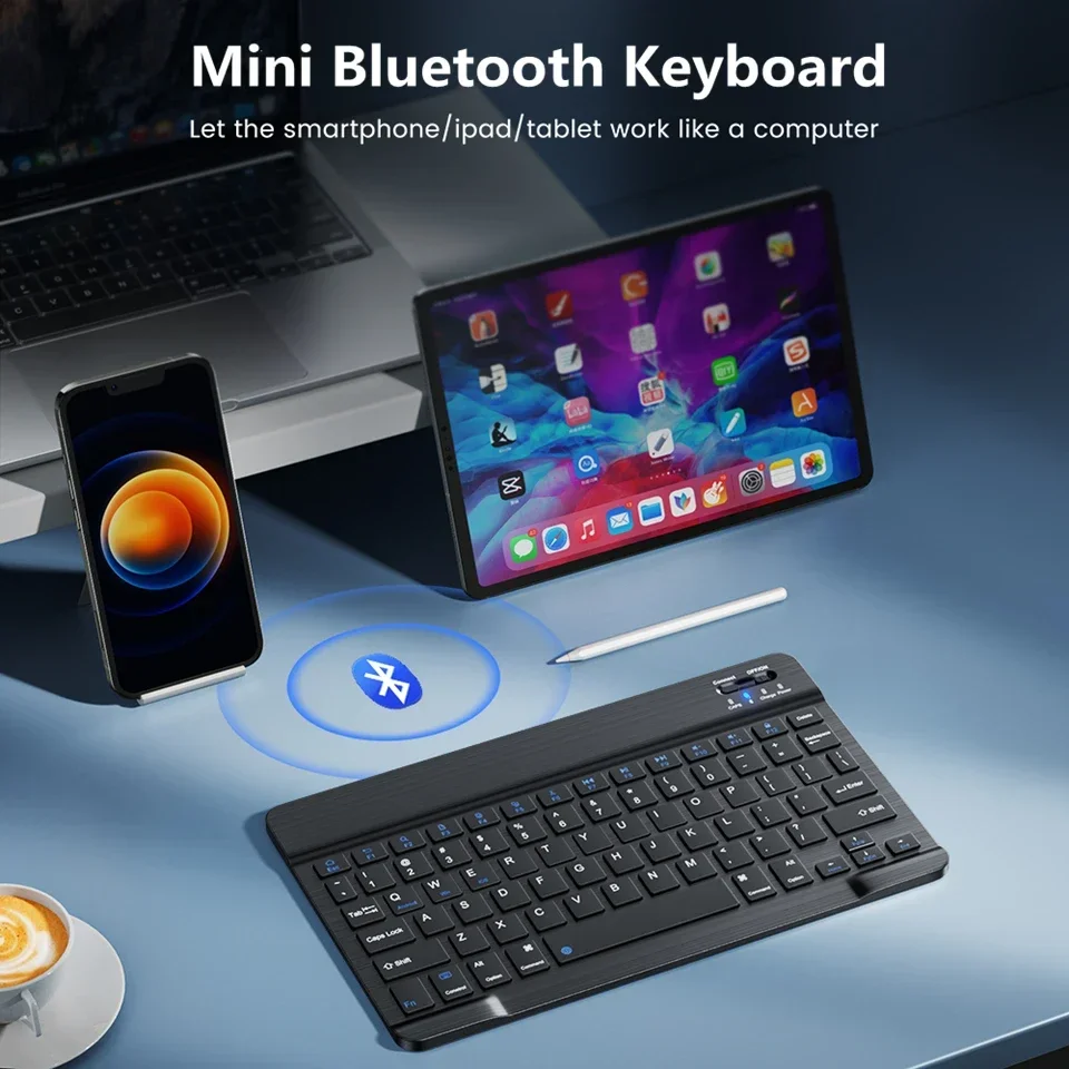 Teclado inalámbrico recargable con Bluetooth de 7/10 pulgadas para teléfonos móviles, tableta, ruso, español, francés, AZERT, Android, ios y Windows