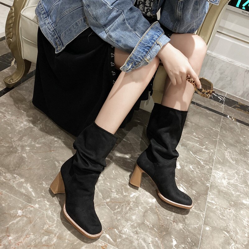 Suède dames halfhoge laarzen dames winter gothic retro stijl rijlaarzen western cowgirl laarzen dames botas mujer
