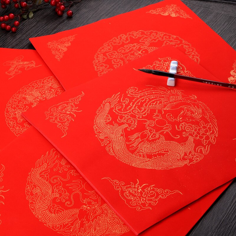 Couplets du Festival du printemps chinois, papier rouge Xuan, Batik, riz, papier, calligraphie, épaississement manuel, copie avec tache d&#39;or
