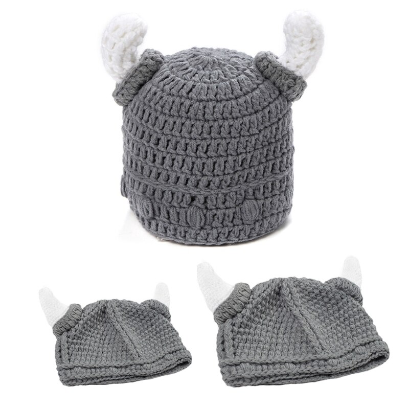 Volwassen Kids Handgemaakte Haak Gebreide Beanie Hat Leuke Grappige Ox Hoorn Ouder-kind Barbarian Viking Stretchy Skullies Cap