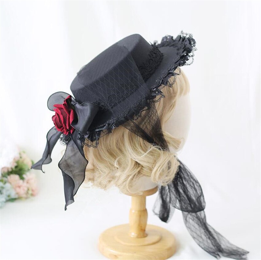 Retro Meisje Lolita Kant Bloem Roos Hoed Prachtige Elegante Thee Party Platte Cap Gothic Hoed B1747