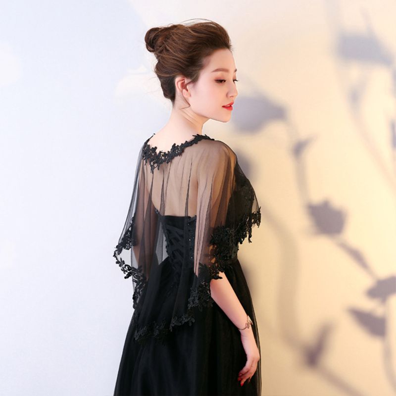 Femmes simple couche pure haut bas mariage châle enveloppement dentelle florale Applique épissage garniture mariée soirée Cape haussement d'épaules Capelet boléro
