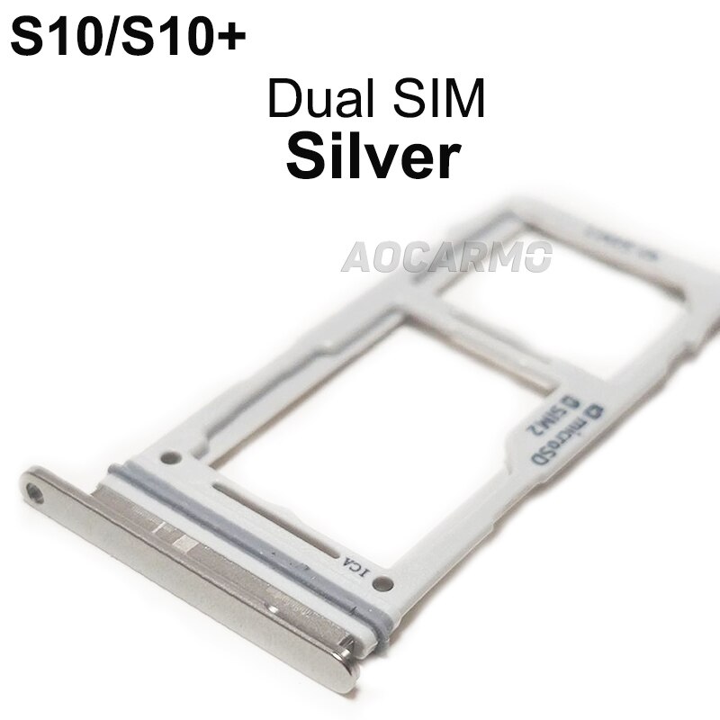 Aocarmo para Samsung Galaxy S10/+ S10plus S10, bandeja de plástico Nano Sim de Metal simple/doble, ranura para MicroSD, SM-G9730 G9750: Silver  2 SIM