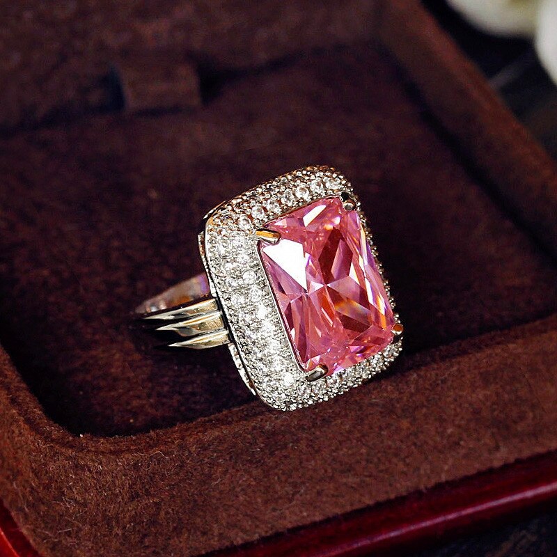 Lusso Femminile Grande Rosa Quadrato di Pietra Anello di colore Argento di Grandi Dimensioni Da Sposa Anello di Promessa di Amore Anelli di Fidanzamento per Le Donne