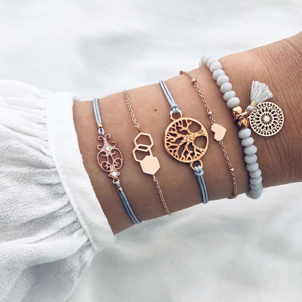 Bohemian Handgemaakte Kralen Ketting Armbanden Set Voor Vrouwen Boom Hart Maan Kompas Charm Bangle Dames Mode-sieraden: 41