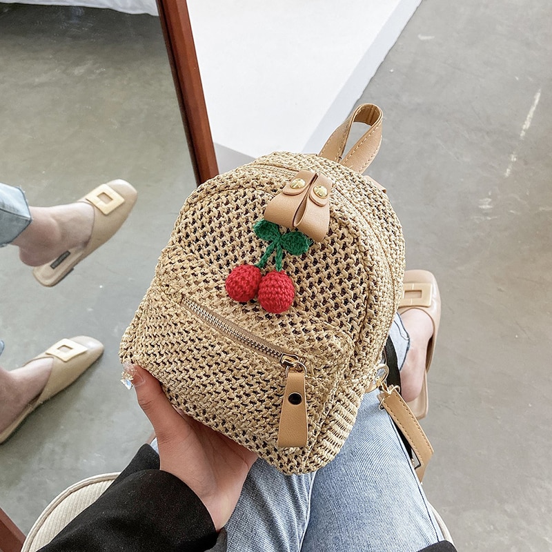 Zomer Mini Rugzak Mode Geweven Kleine Tas Mini Rugzakken Voor Meisjes Super Kleine Schattige Kleine Kers Schoolmeisje Tas